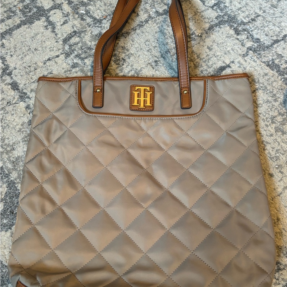 Tommy Hilfiger Quilted Taupe Tote with Brown Trim and Gold Logo Plaque